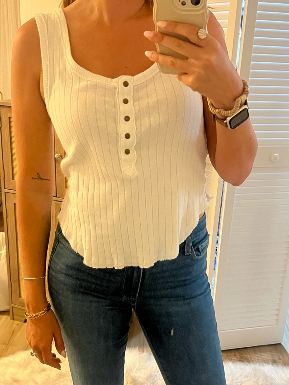 Women’s White Free People Ribbed Henley Tank Top -  Sleeveless Knit